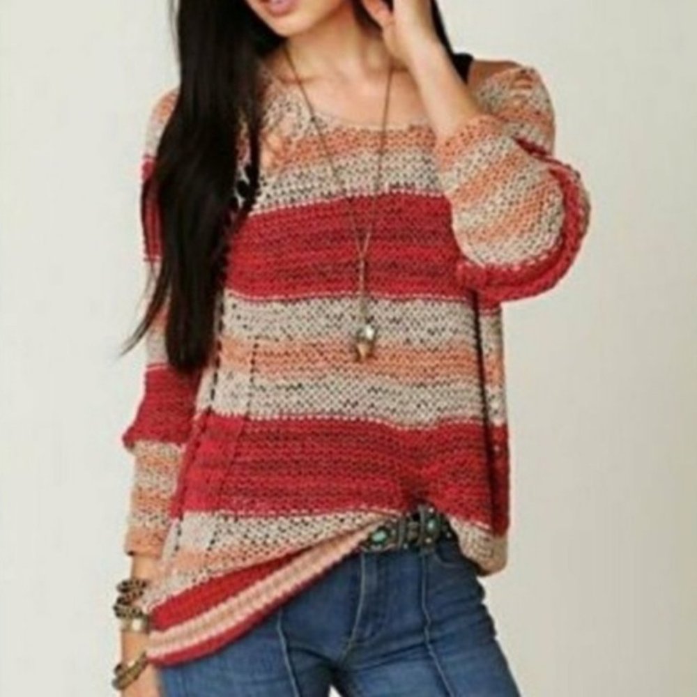 Free People Desert Moon Earth Tone Striped Crocheted Sweater Size Small